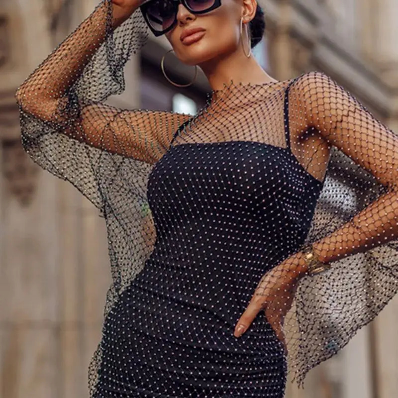 Womens sexy club mesh dress shiny rhinestone hollow crop long sleeved nightclub cover party 250320