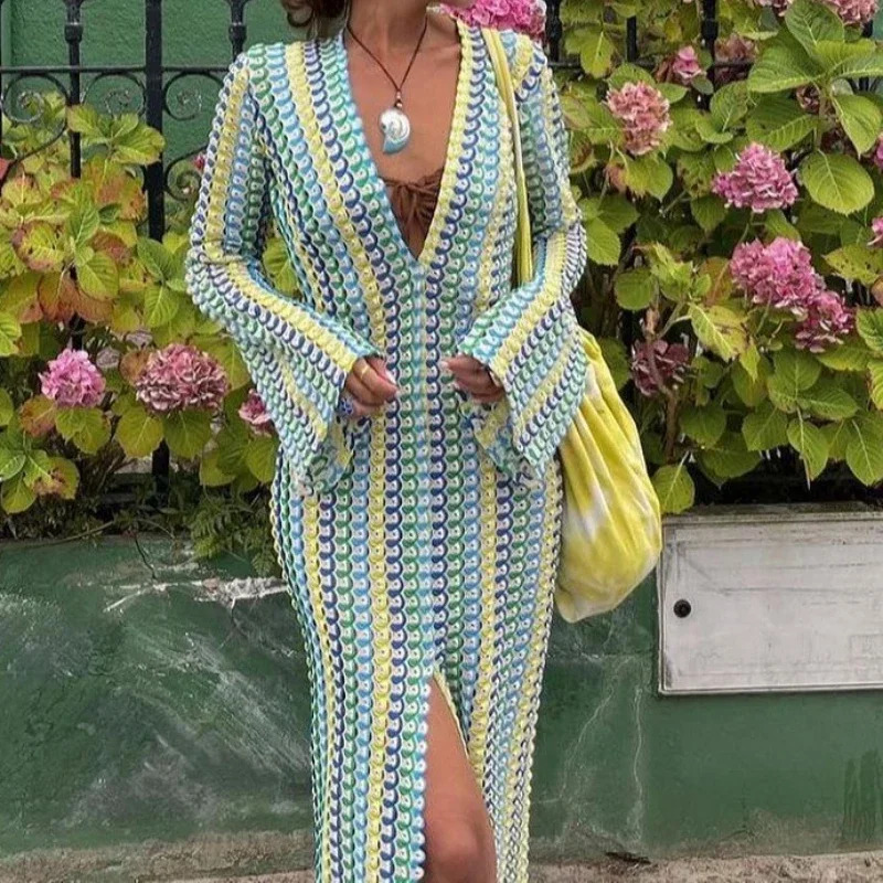Sexy Rainbow Dress Womens Printed Deep V-neck Split Long Dress Hollow Long Y2k Top Knitted Elegant Party Club Vest 250320