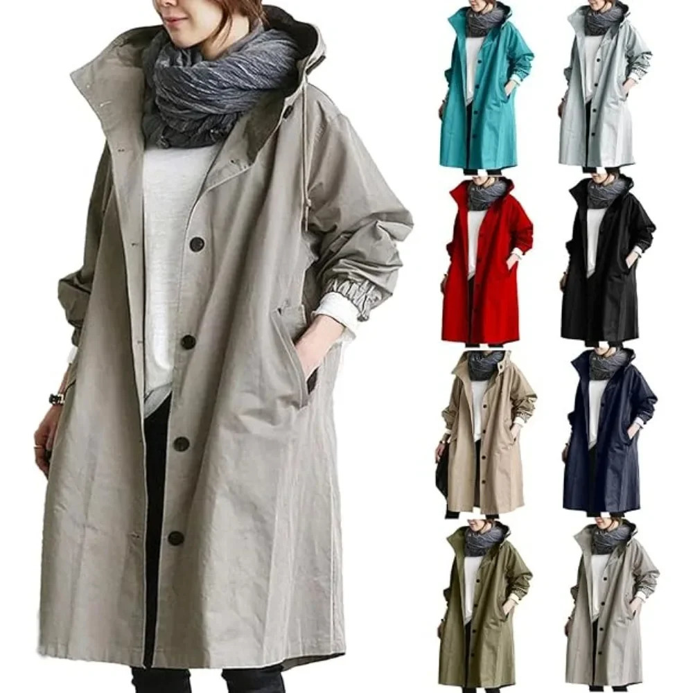 Womens Rain Jacket Autumn and Winter Loose Hooded Trench Jackets Oversized Elegant Windbreaker Comfortable Coat Outwear 250320