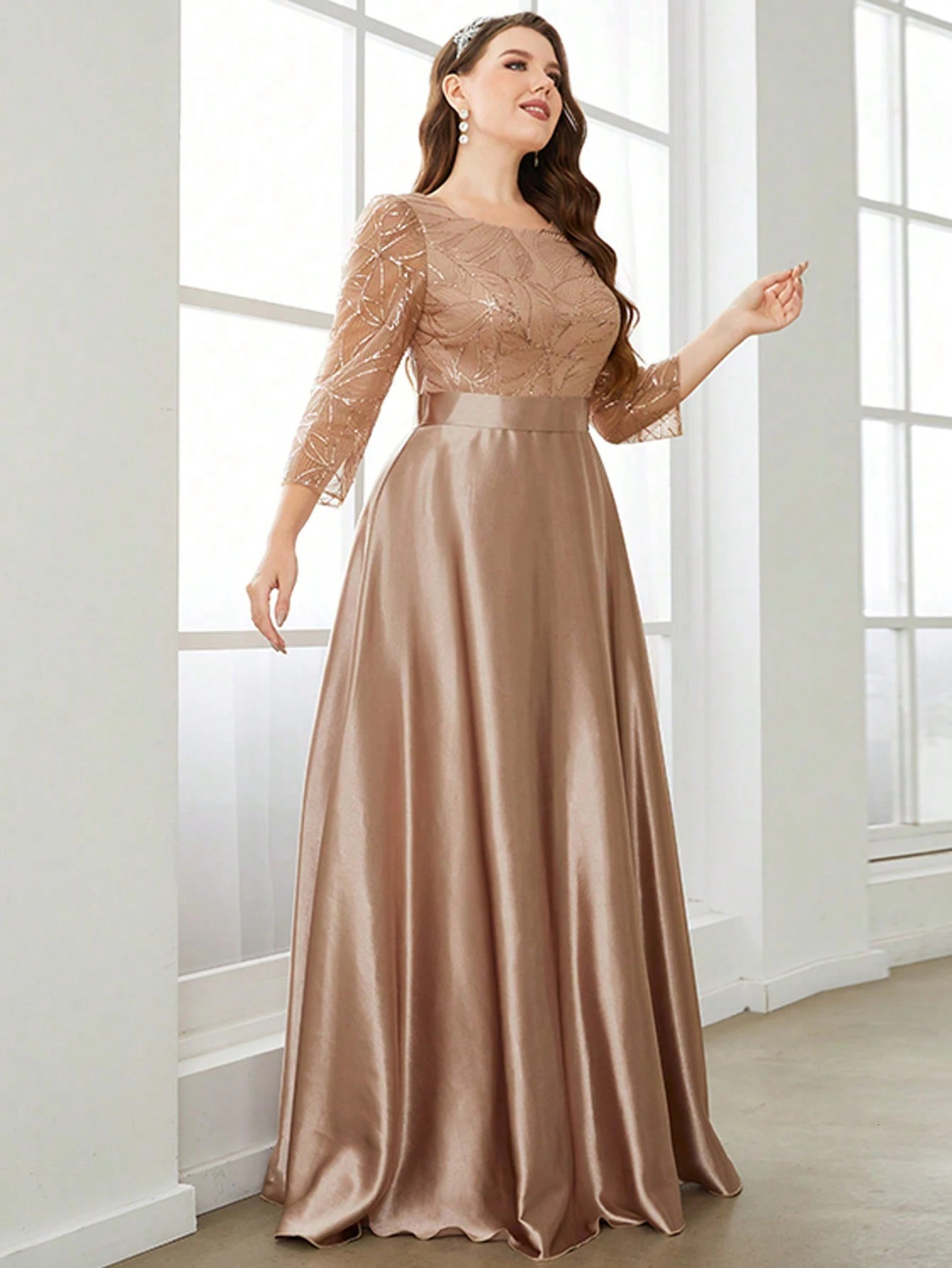 Mgiacy Crew neck long sleeve sequin patchwork satin ball dress Party dress Bridesmaid dress 250320