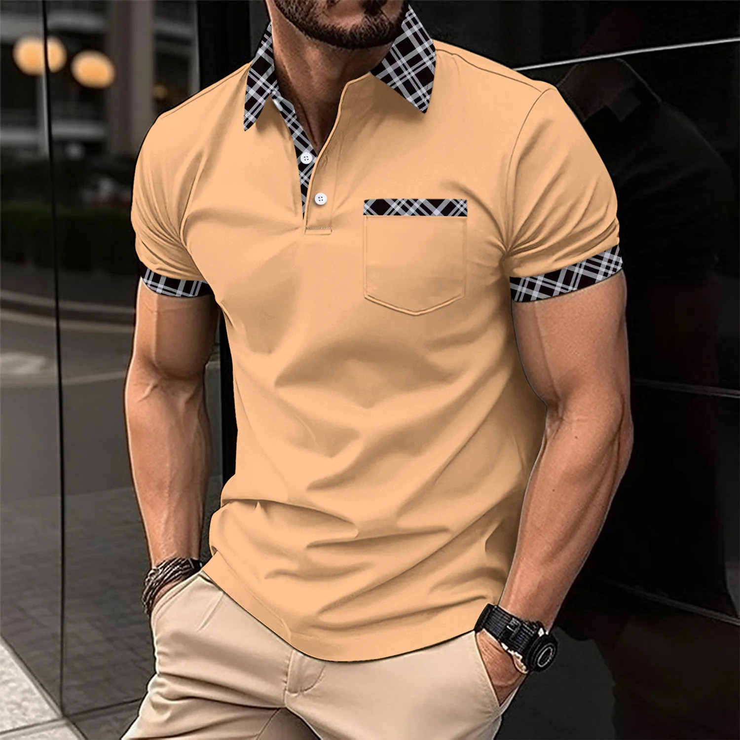 Summer selling fashionable mens polo shirt with checkered lapel buttons short sleeved casual and comfortable office clothing 250318