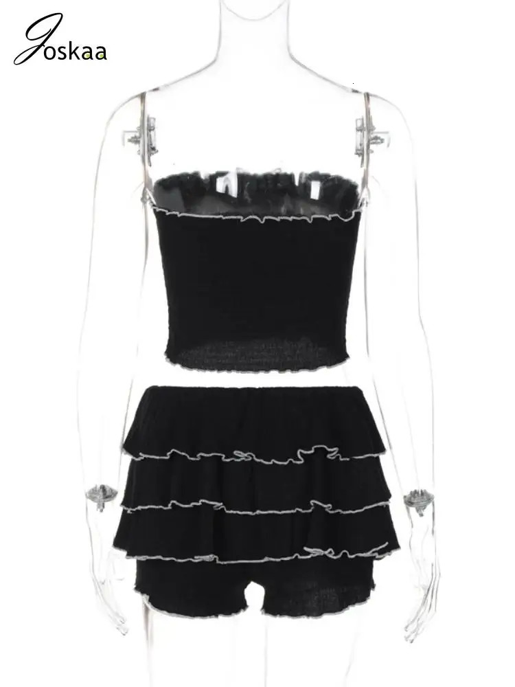 Joskaa Sexy Ruffles 2 Piece Set Summer Women Bow Tube Tops and Shorts Skirts Matched Suits Ruched Vacation Outfits Streetwear 250320
