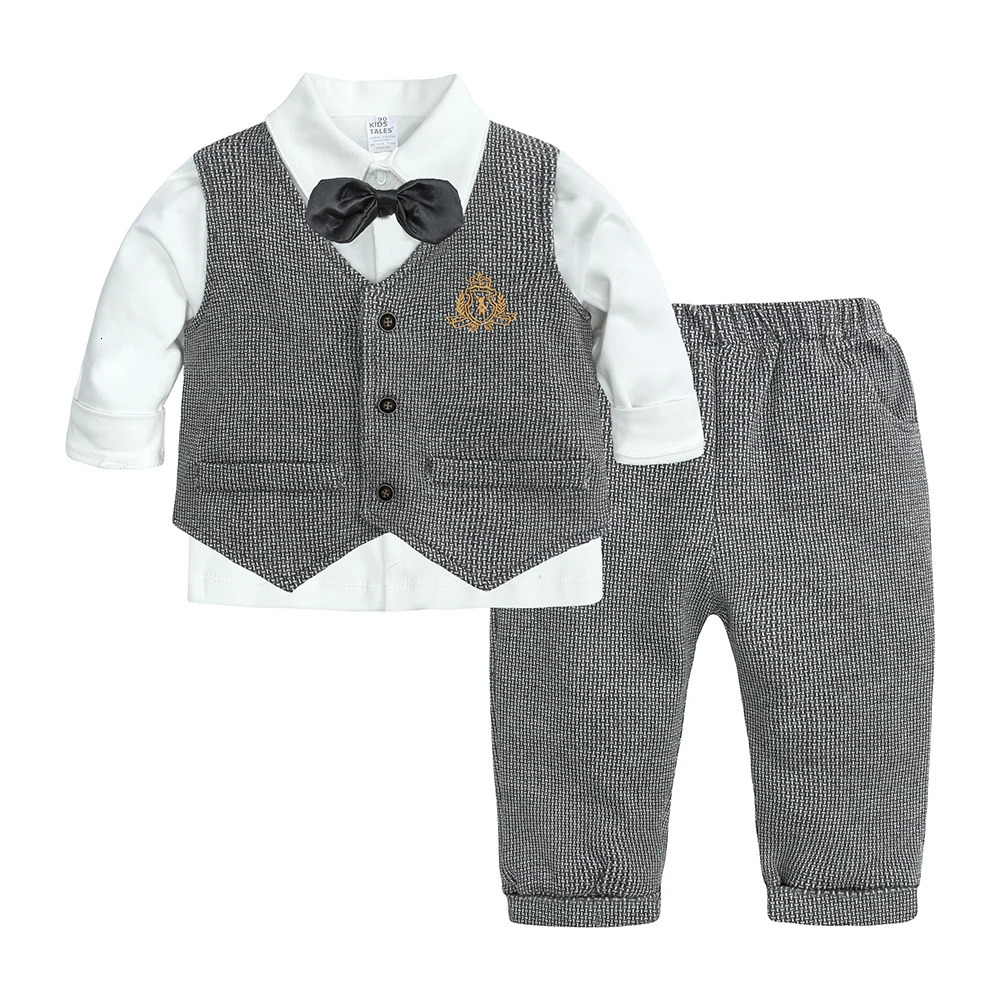 2025 Baby Boy Gentleman Suit Toddler Bow Tie White Shirt VestPants Stripe Sets 3Pcs Formal Birthday Wedding Kids Party Clothes 250320