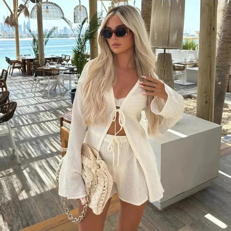 White Lace Up V Neck Long Sleeve Shirt Set Women Fashion High Waist Shorts 2 Pces Sets Summer Casual Loose Female Beach Outfits 250320