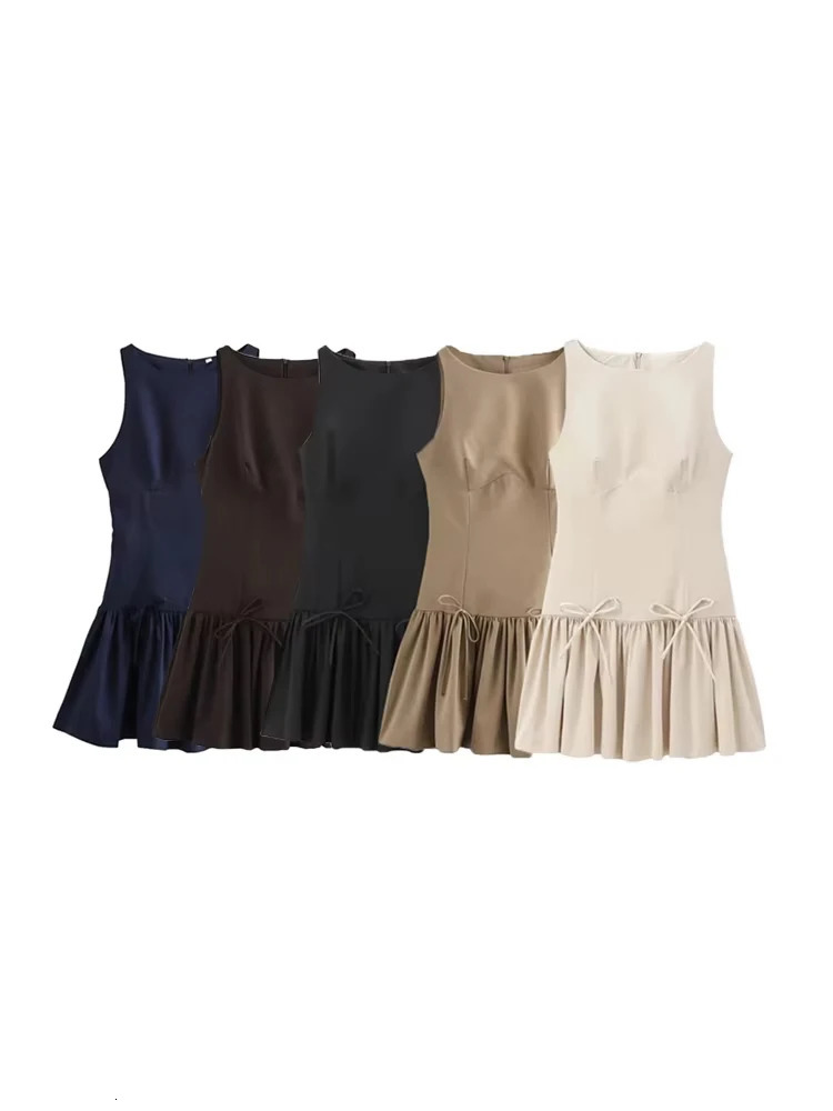 TRZA Womens Ruffle Mini Dress with Bow Oneck Sleeveless Back Zipper Wear Fashion 250320