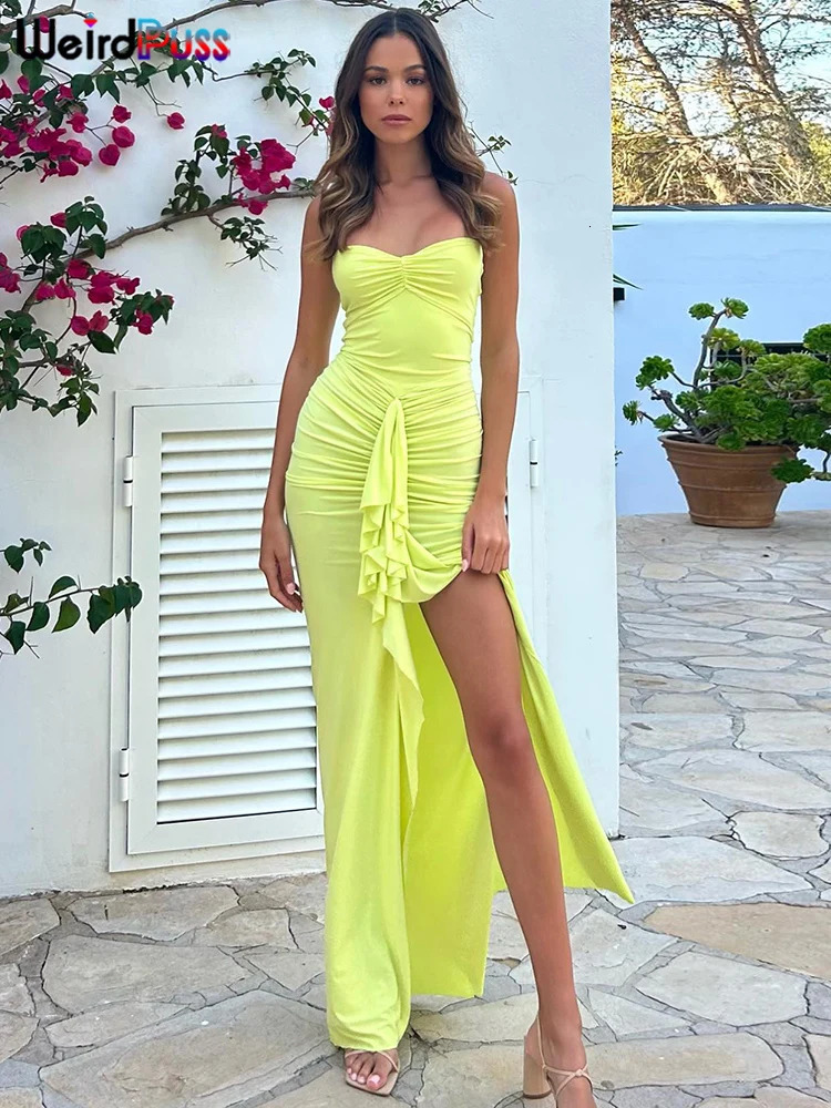 Weird Puss Ruffles Tassel Women Dress Halter Backless Open Split Ruched Peach Hip Bodycon Ladies Wedding Evening Party Dresses 250320