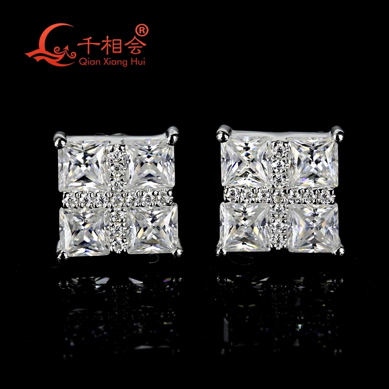 4pcs Melee Square Shape D VVS Moissanite Wedding Earrings Studs 7mm 925 Silver Jewelry Gift for Women Dating