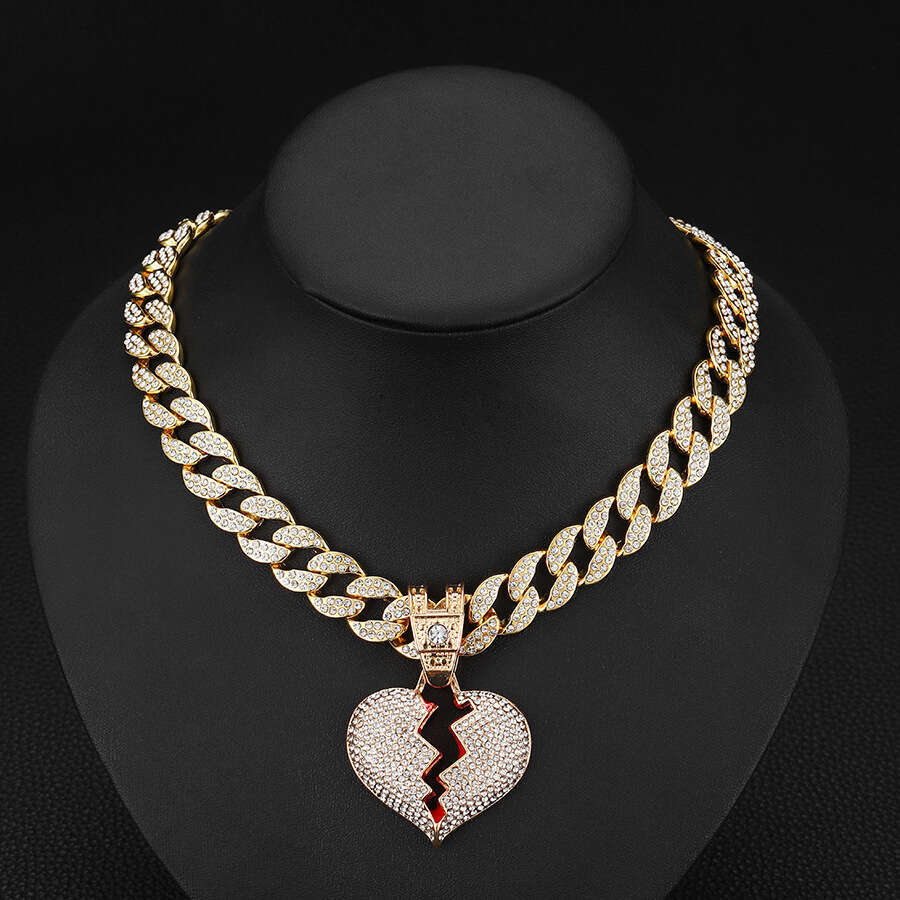 Ins Fashion Style Alloy Full Dia Boyfriend Love Necklace for Men and Women Hip Hop Shattered Heart Pendant Chain