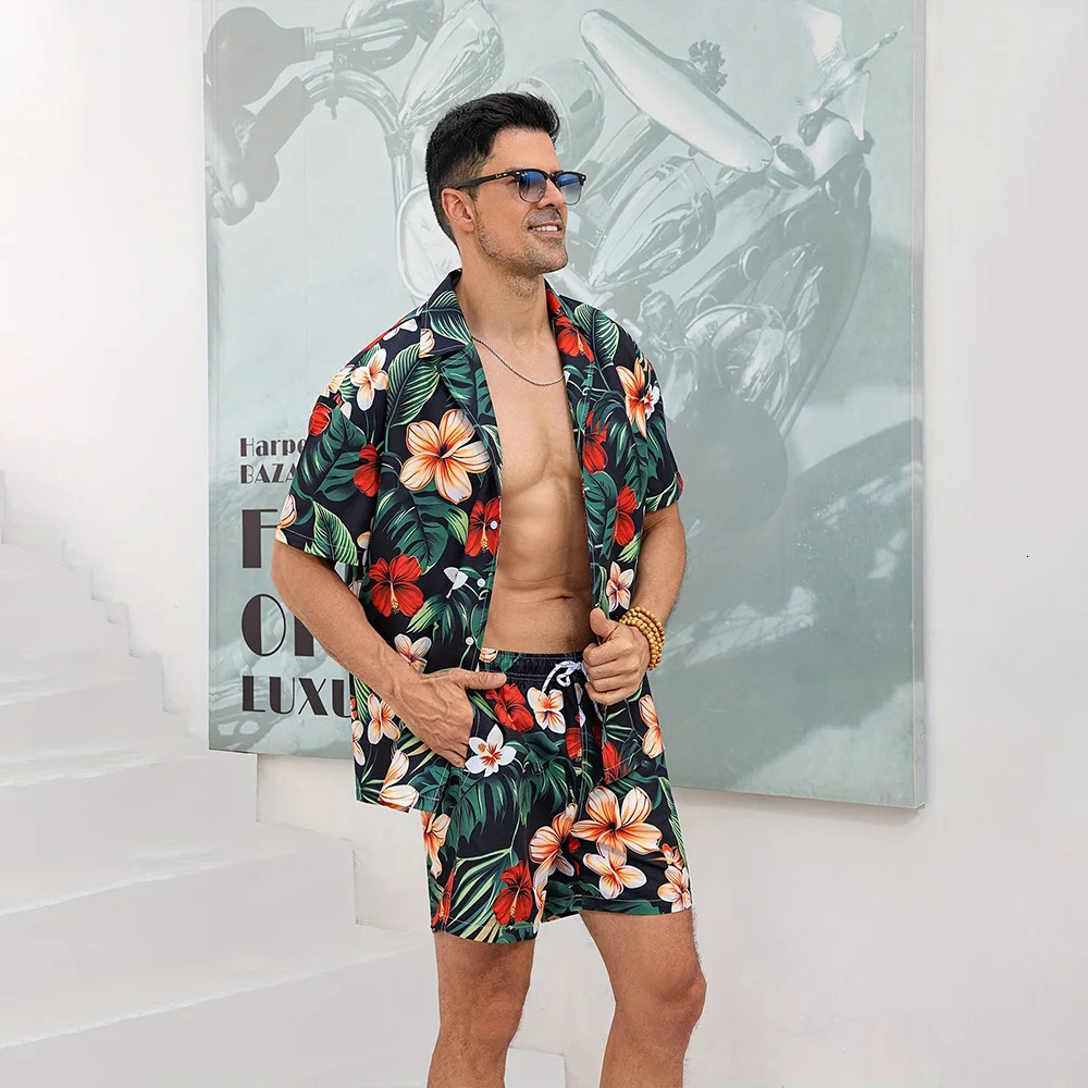 Hawaii Vacation Mens 2-Piece Set Button Down Short Sleeve Shirt And Shorts Outfits Elastic Waist Shorts Palm Leaf Print Shirts 250320