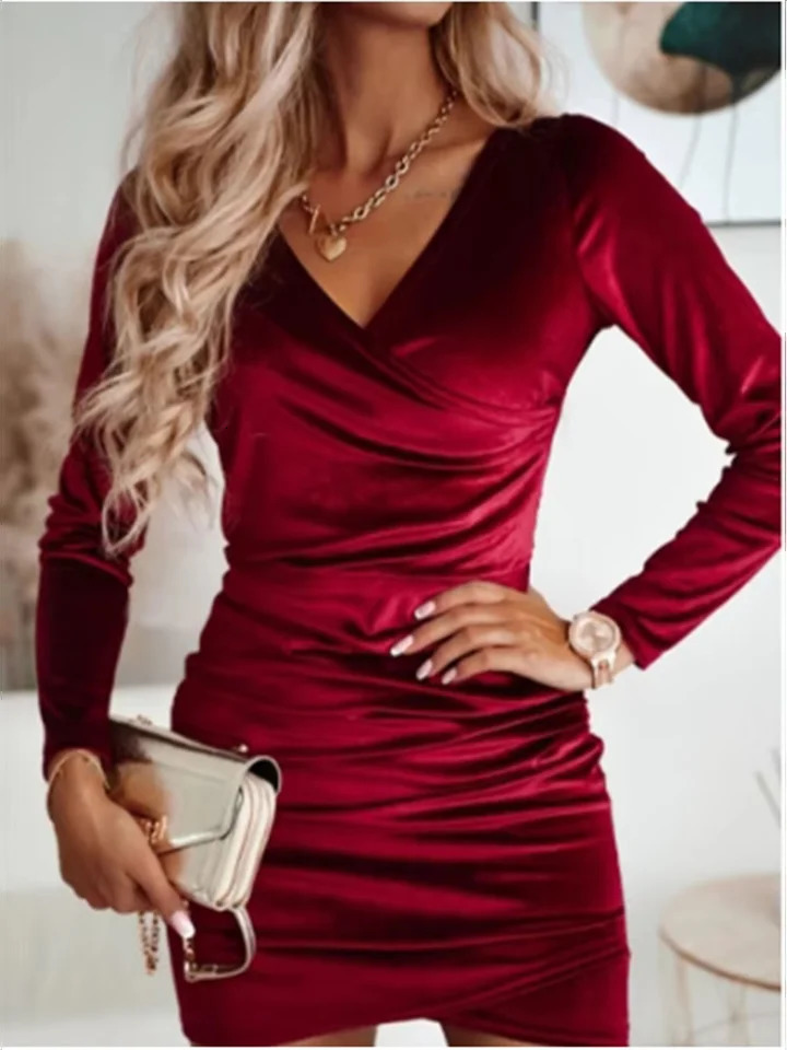 Ladies Solid Color Velvet Dress Womens Vneck Long Sleeve Mini Autumn Winter Party y 250320