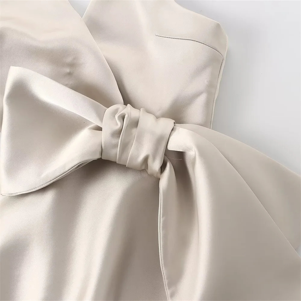 2024 ZAR4 Summer Womens Fashion Sweet and Spicy Hanging Collar Bow Decorative Silk Satin Texture Top 250320Z