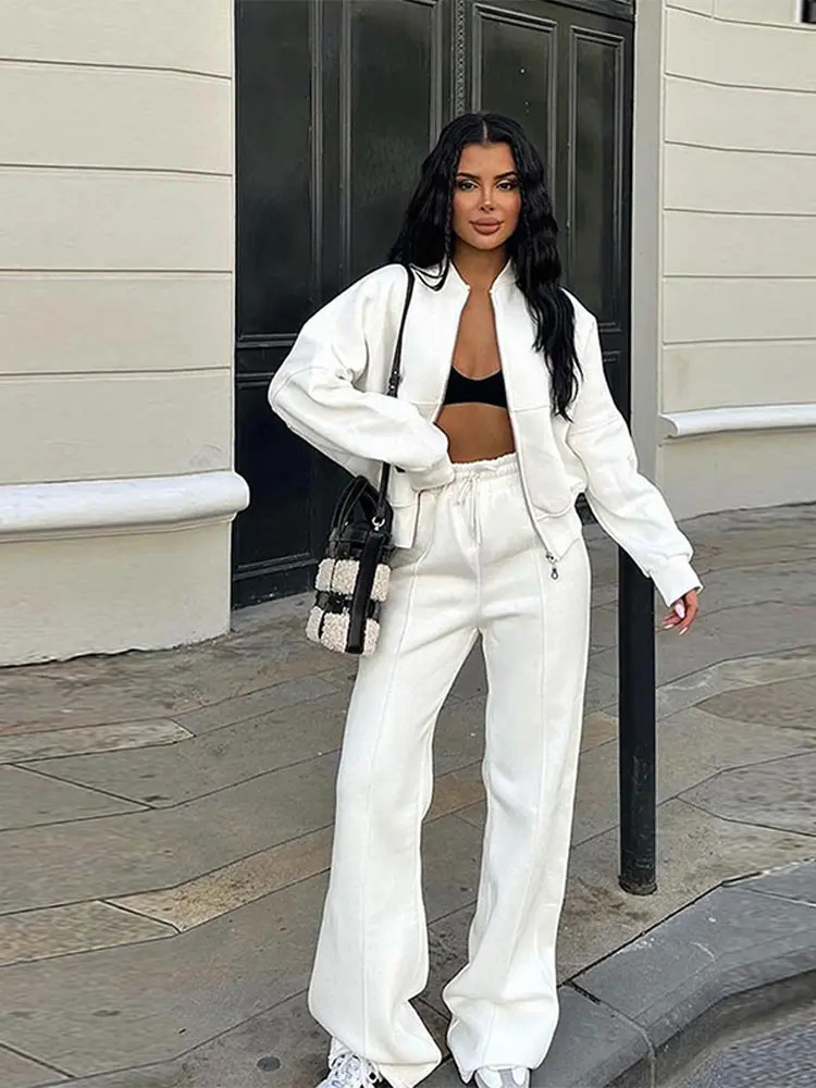 Womens 2-piece Track Set Retro Zipper Bomber Jacket Sweater High Waist Womens Loose Velvet Pants Sportswear 250320