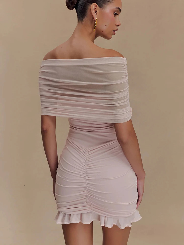 JULISSA MO Sexy Off Shoulder Mesh Women Mini Dress Pink See Through Ruffle Dress Female Spring Skinny Elegant Party Club Dresses 250320