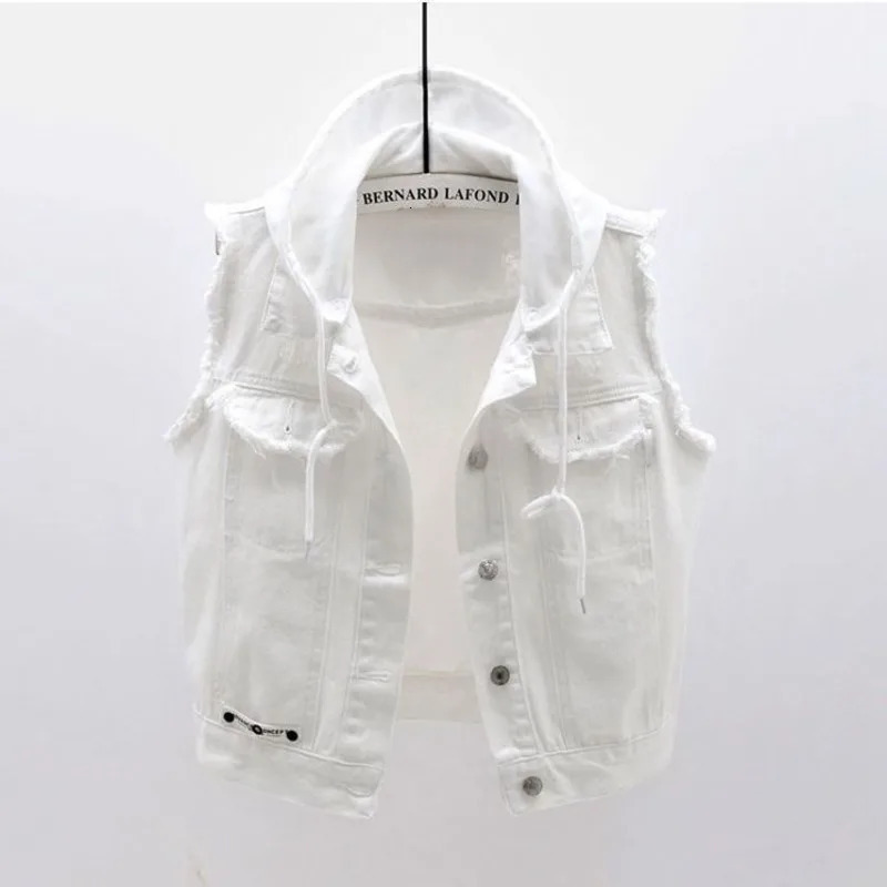 Spring Autumn Women Fashion Hooded Denim Jacket Waistcoat White Black Vest Female Short Gilet Sleeveless Jeans Coat 250320