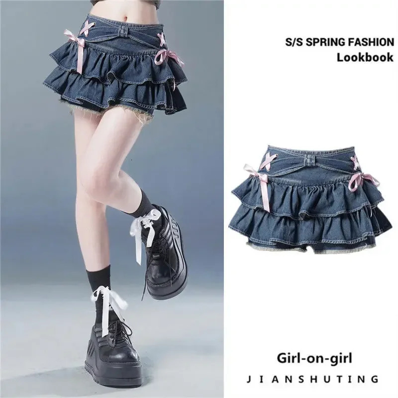 Blue Denim Pleated Skirt Y2K Aesthetic Sweet Pink Bow Lace Up Ruffles Cake Mini Skirts Harajuku Women Kawaii Short Skirt 250320