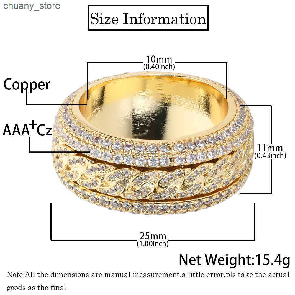 Solitaire Ring Hip-hop With Side Stones copper inlaid zircon rotatable Cuban ring real gold electroplating hiphopRing ring jewelry z250321