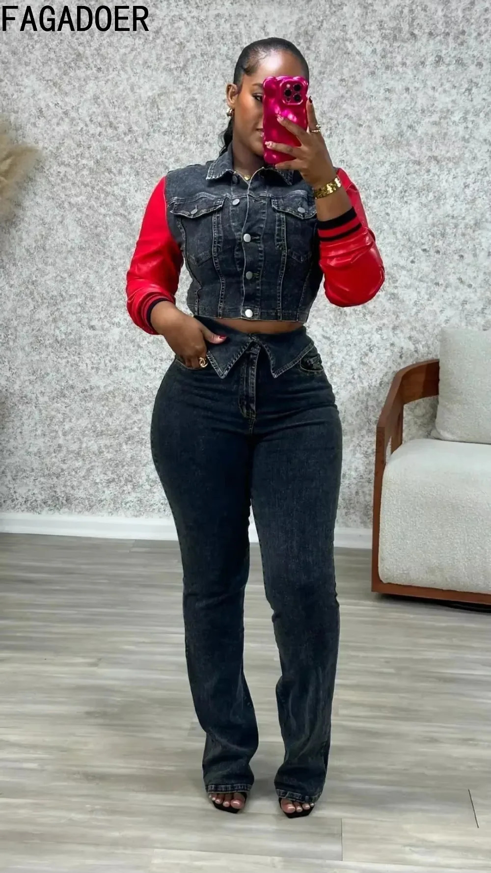 FAGADOER Retro High Quality Denim Womens 2piece Set Fashion Leather Patch Work Crop Jacket and Waist Jeans 250321