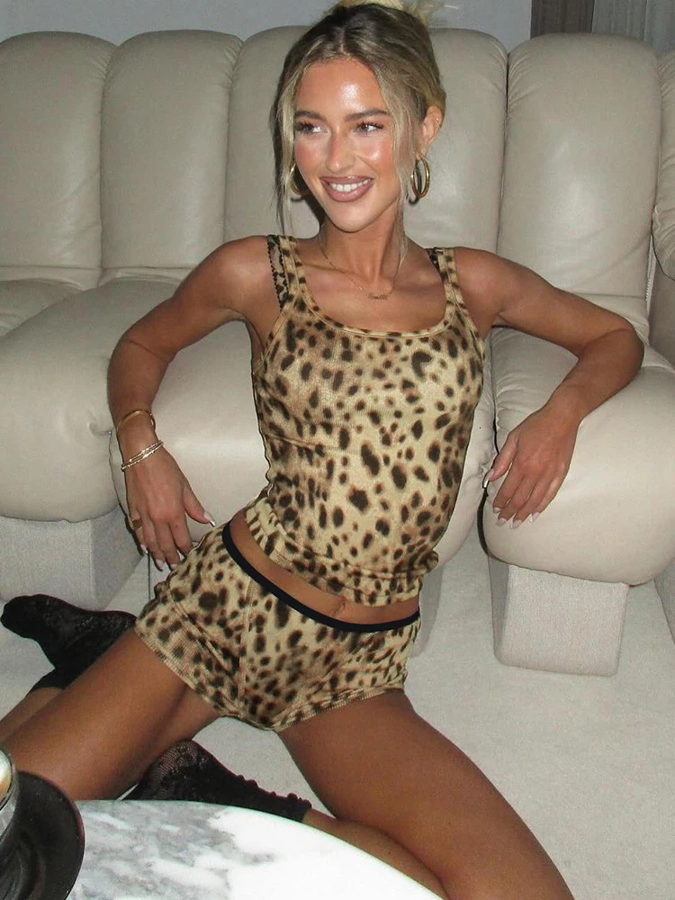 Weird Puss Casual 2 Piece Set Women Tracksuit Leopard Print Shorts Sleeve Tank TopsBiker Shorts Matching Activity Streetwear 250320