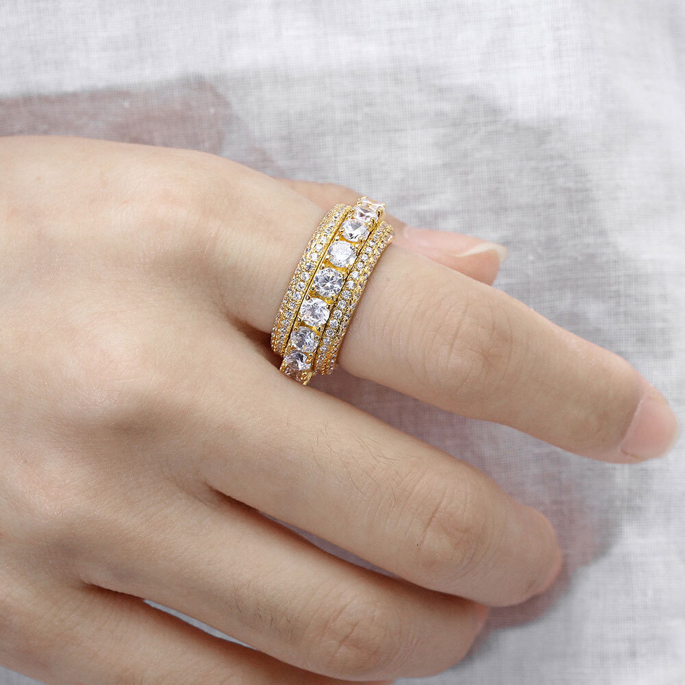Rotatable Full Bling Iced Out Five Rows Cubic Zircon Engagement Spin Rings Luxury Jewelry for Women Gift Couple Rings