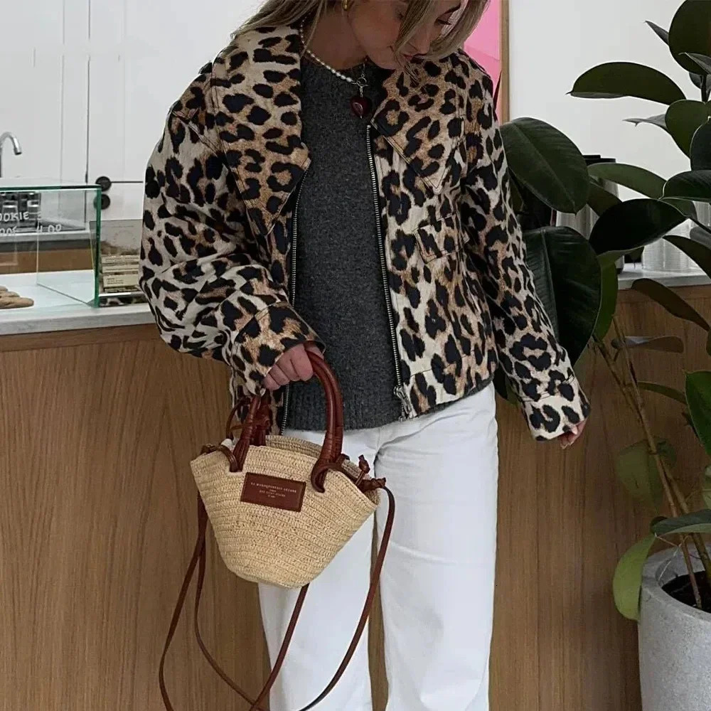 Casual Leopard Print Womens Jacket Fashion Retro Lapel Zip Up Street Jacket 250320