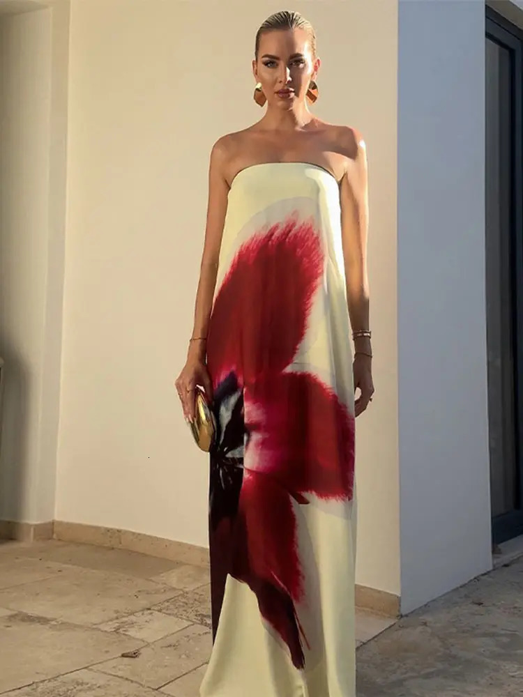 Fashionable printed V-neck beach dress for women sleeveless and strapless Midi dress summer womens holiday dress 250317