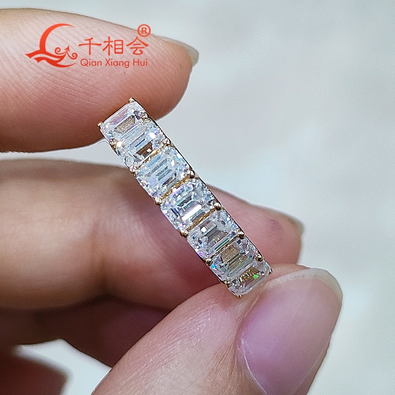 3*4mm 7pcs emerald shape Sterling 925 Silver half band Moissanite Ring women Diamonds Male fine Jewelry gift wedding dating