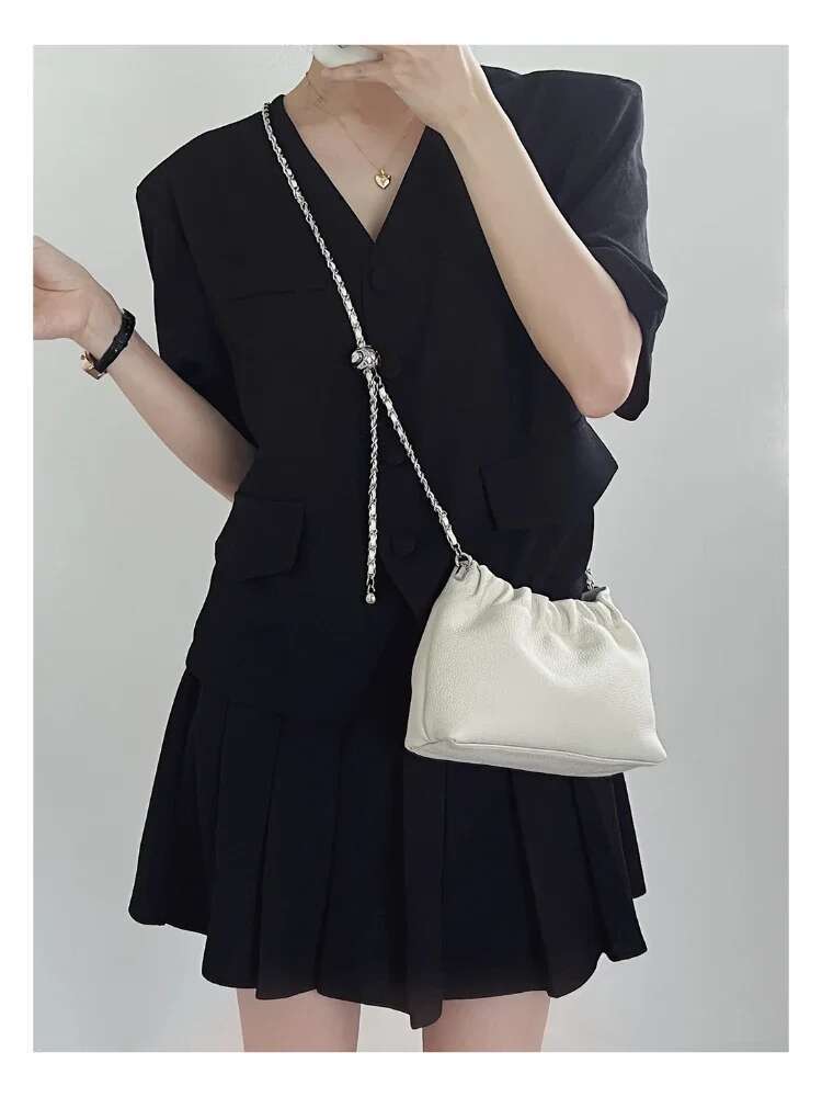 Ruched Design Hasp Open Cloudy Hobo Clutch Beige Small Chain Strap Women Crossbody Bag 100% Cowhide Leather Soft Daily Purse