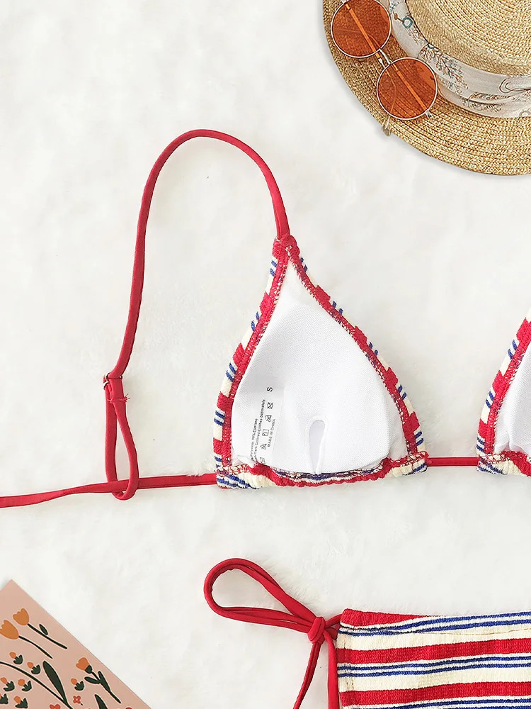 Sexy lace striped backless bikini 2piece set womens split swimsuit beach style 2025 summer 250320