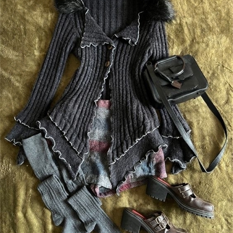 Y2K women fur collar vintage n aesthetic Irregular hem knit tops Slim sexy Hip Hop Cool Girl Niche personality Warm sweater 250225
