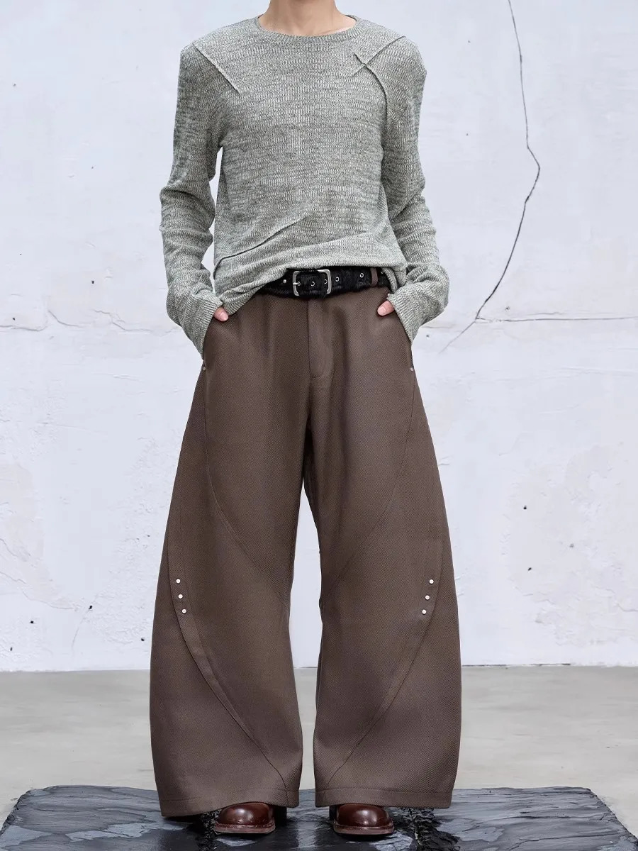 Mauroiardi Spring Autumn Long Black Twisted Wide Leg Mens Pants Cleanfit Streetwear Casual Loose Brown Trousers 250317