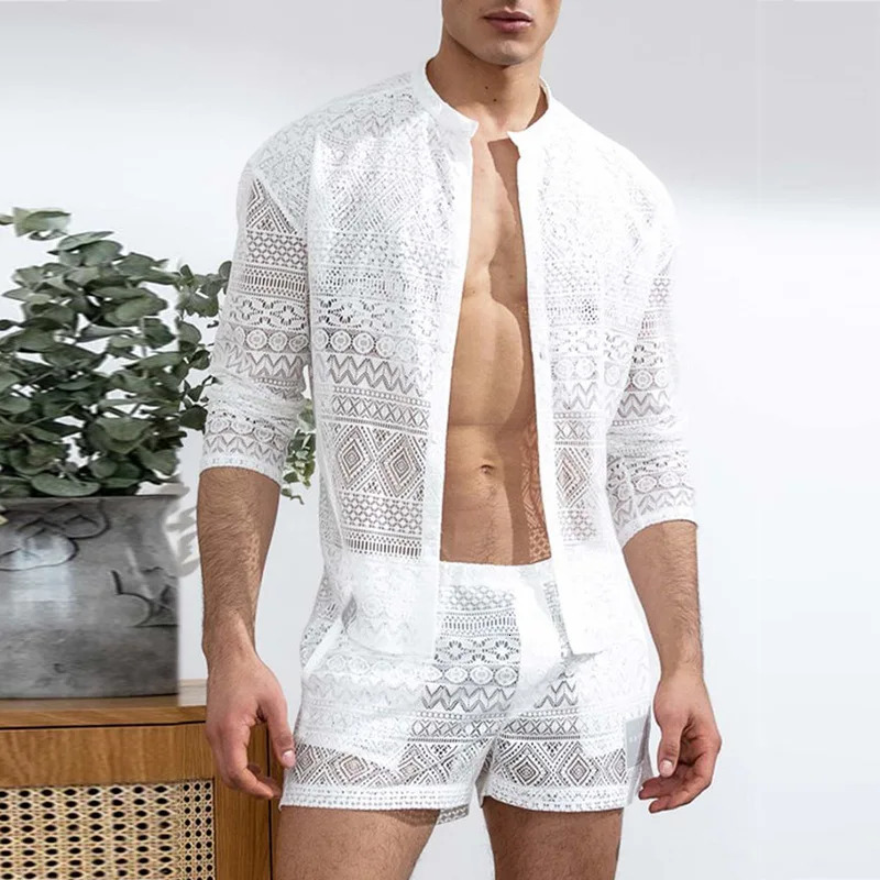 Mens clothing fashion set mens 2-piece clothing set hollow sexy lace short sleeved casual T-shirt summer solid color 250314