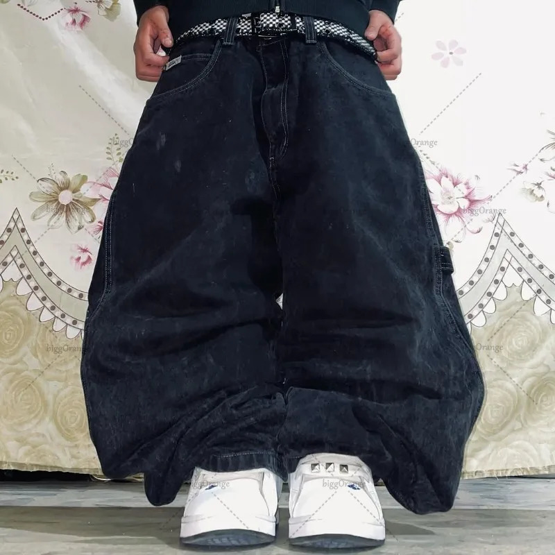 Street retro washed jeans cartoon embroidery super large loose straight wide leg pants fashion trend mens clothing 250320
