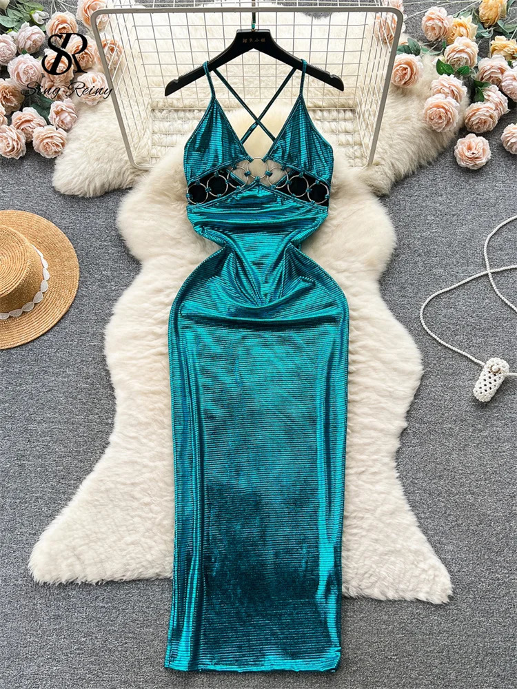 SINGREENY sexy evening gown round hollow outer shoulder strap tight corset backless INS gentle slim long party dress 250320