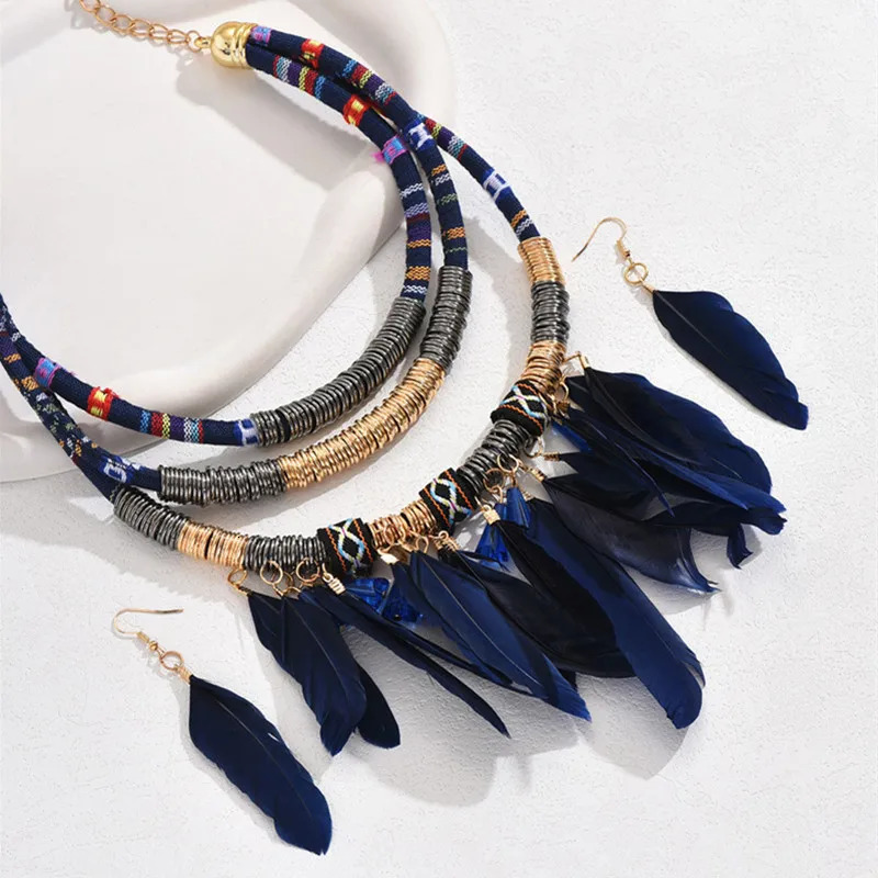 Fashionable retro ethnic feather necklace earring set womens multilayer Neclace jewelry 250313