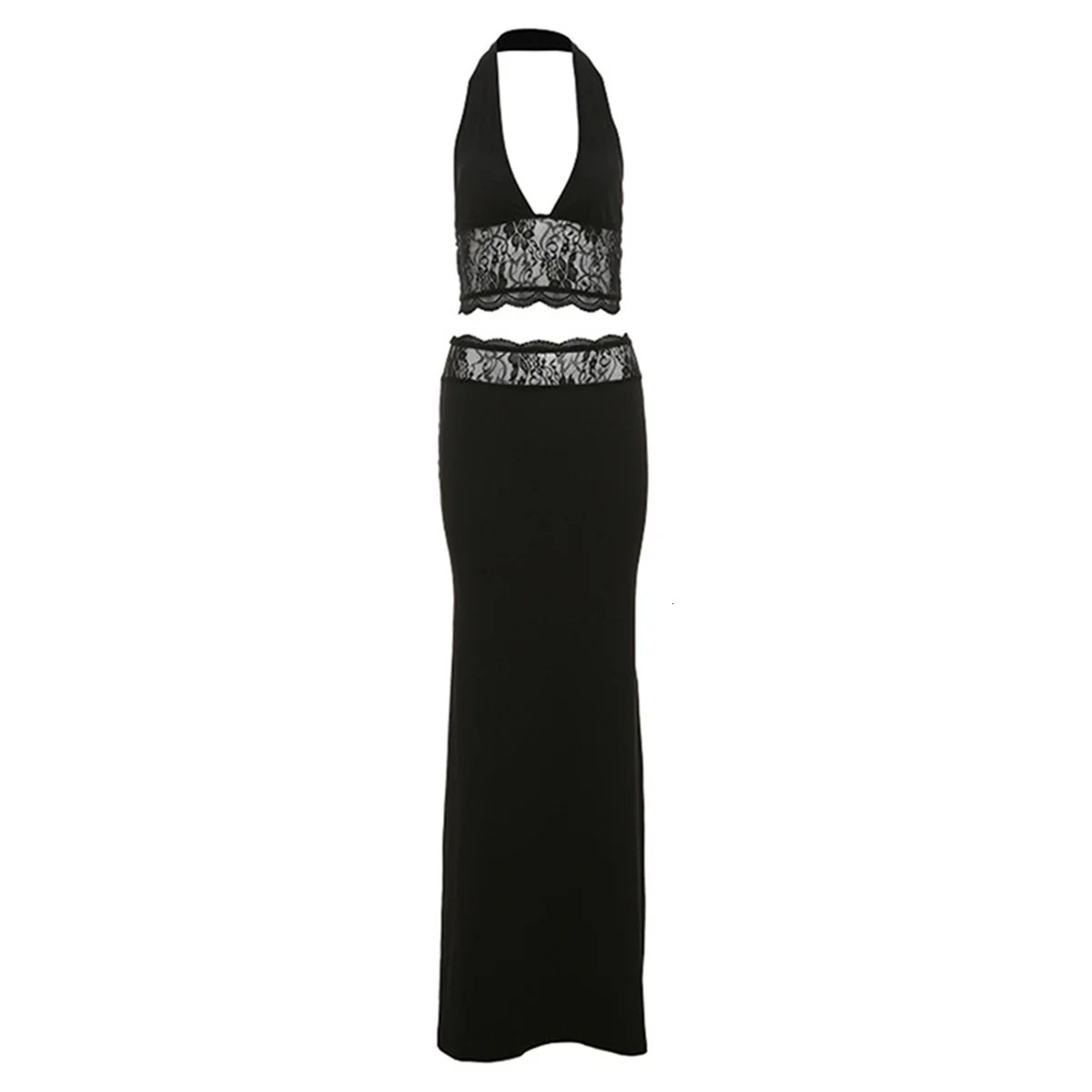 Women Lace Patchwork 2 Piece Set Halter Fashion Backless Sheer V-neck TanksTrim Matching Long Skirts Mujer Elegant Suits 250320