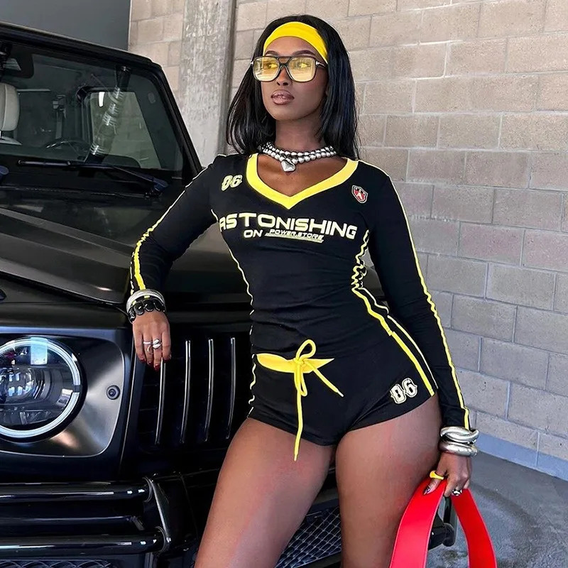 Women Y2K Shorts Sets Long Sleeve V Neck Tops with Short Pants 2 Piece Sets Letter Print Tracksuit Matching Outfits Streetwear 250320