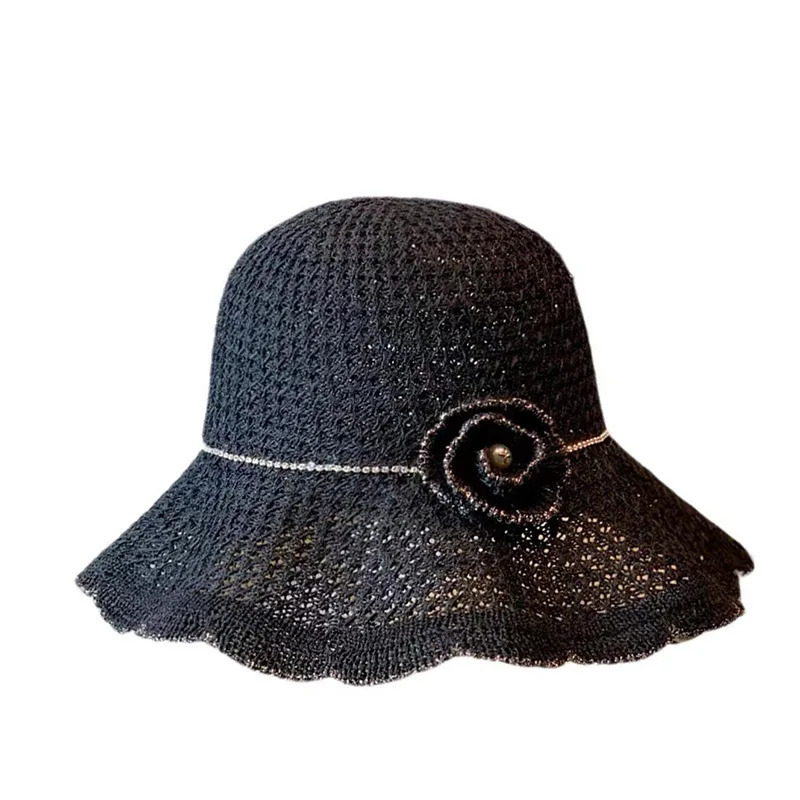 Black Hat Spring Summer Hat Korean Foldable Beach Straw Flower Leisure Sun Protuction Fisherman Bucket Hat for Women Panama Caps 250320