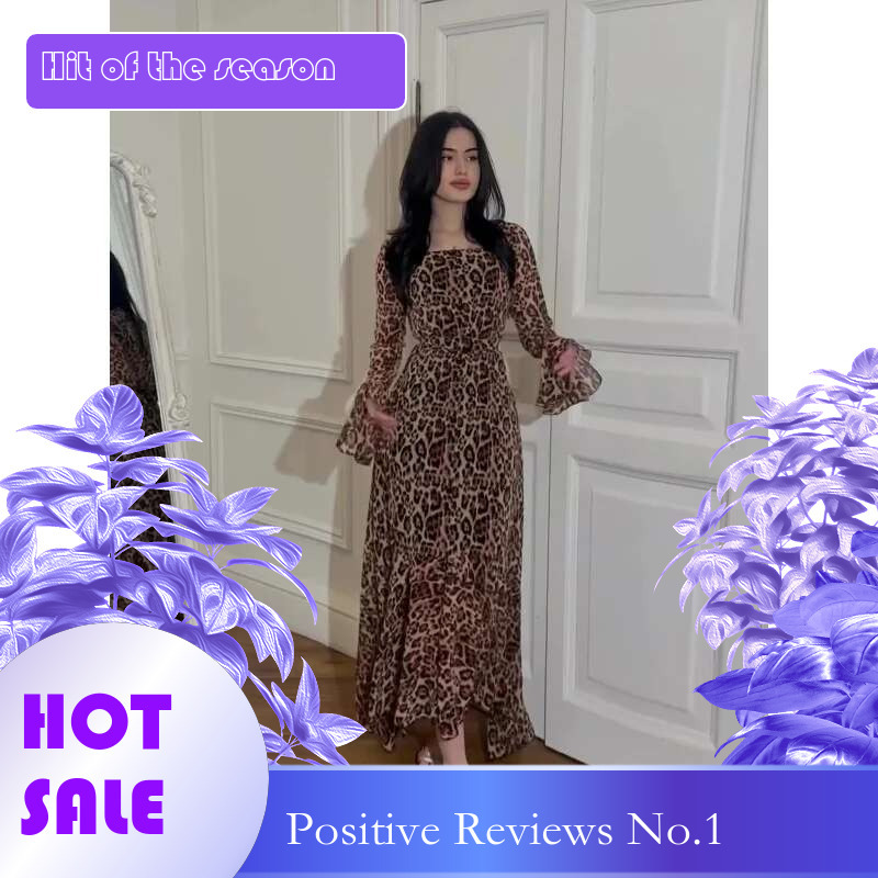 Dongdumaoyi Spring New Chiffon Leopard Print Lotus Leaf Sleeve Temperament Long Stitching Irregular Dress A