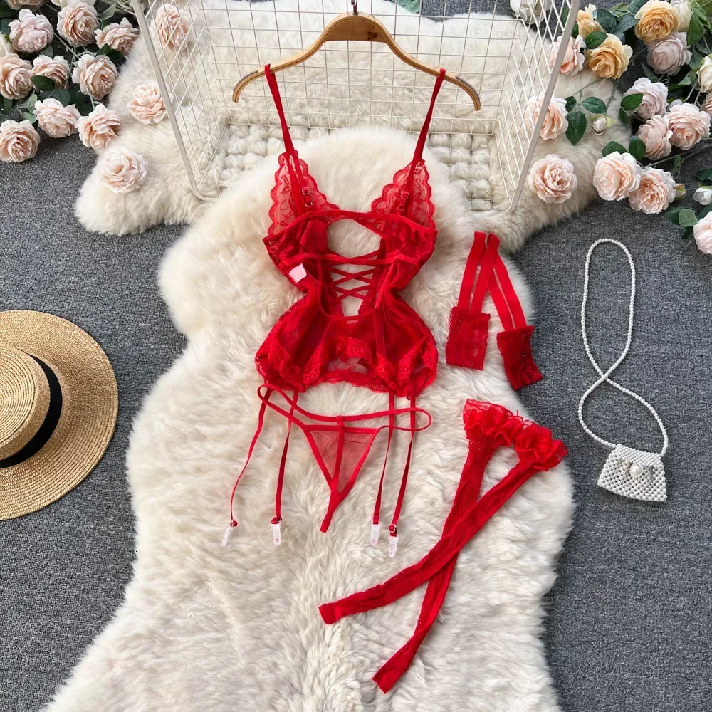 CHILLGIO Women Transparent Floral Lace Bra Brief Suit Fashion Tight Erotic Underwear 3 Piece Sexy Intimate Lingerie Stocking Set 250320