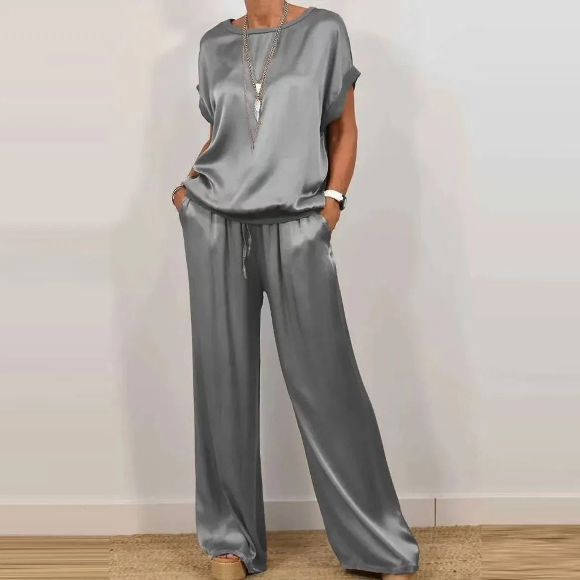 Summer Satin Two Piece Set For Women V Neck Bat Sleeve Top Casual Loose Lace Up Wide-leg Pants 2 Piece Suit Home Outfits Women 250320