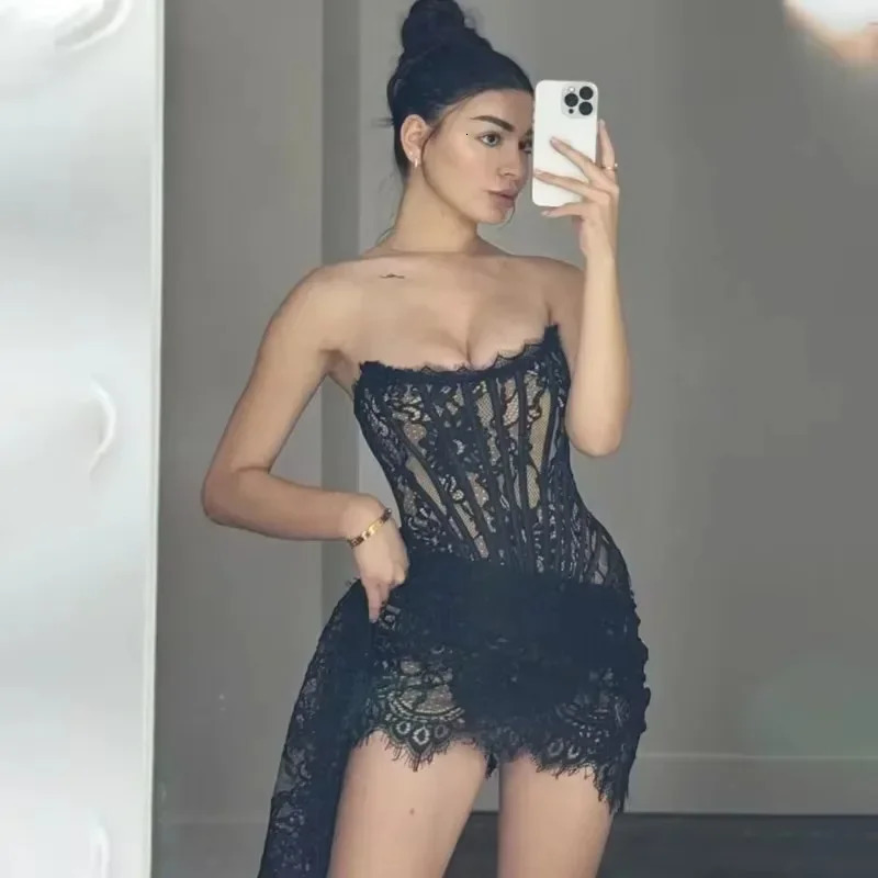 Talenza Womens Sexy Lace Dress Solid Color Transparent Patchwork High Waist Elegant Printed Strapless Slimming Evening 250320
