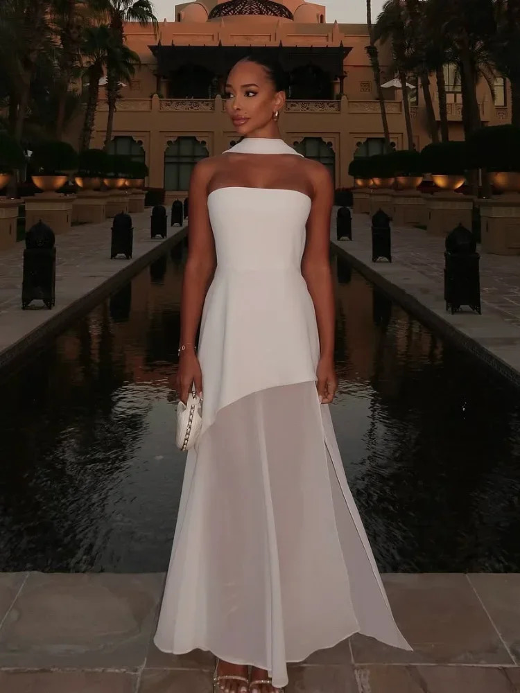 Elegant Simple Strapless Wedding Dresses Women Side Split Mesh Patchwork Prom Dresses Solid Scarf Party Chic Brides Gown 250320