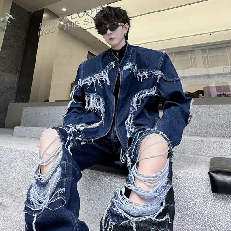LUZHEN denim jacket with tassel and burr hollow pocket straight jeans two-piece set fashionable street mens wear LZ4935 250318