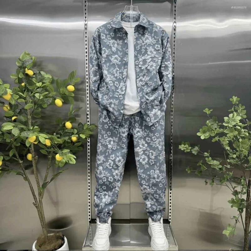 Men's Tracksuits Fall Casual Suit Embossed Printed Shirt Jacket Trousers Two-Piece Foreign Style Couple Set