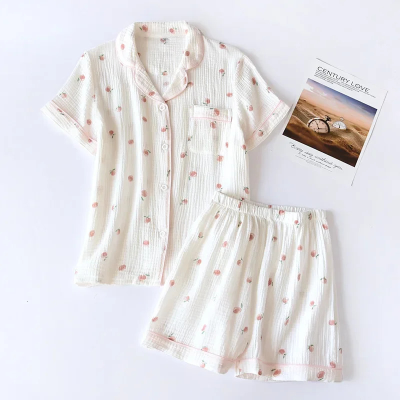 Summer Ladies Short-sleeved Shorts Pajamas Set 100% Cotton Crepe Cloth Thin Home Service Two-piece Spring And Autumn Loose 250318