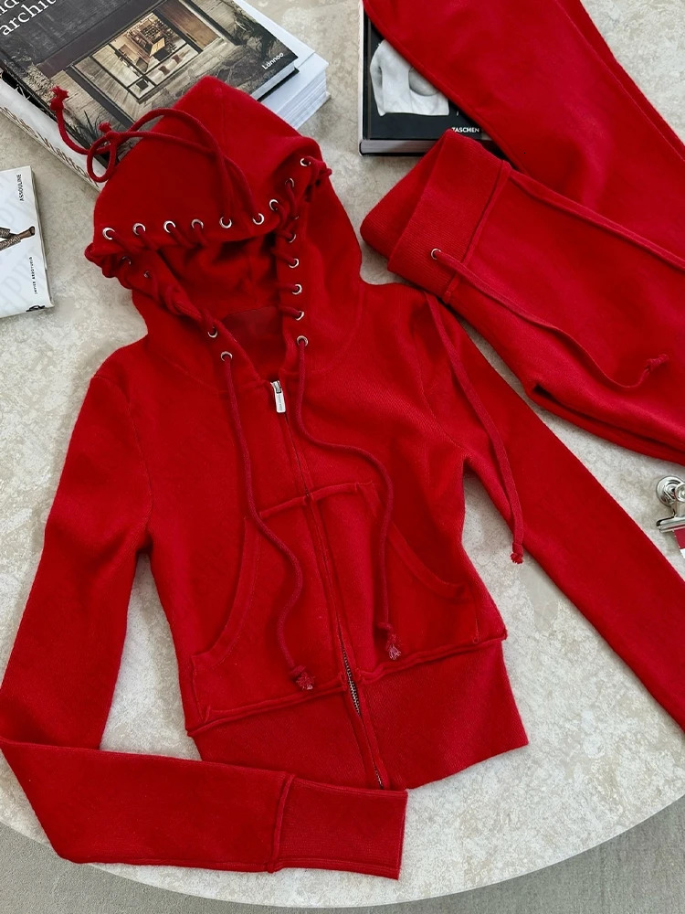 Solid color womens harajuku casual trousers chic Y2K strap zipper crop hoodie aesthetic emo girls fall winter retro streetwear 250320