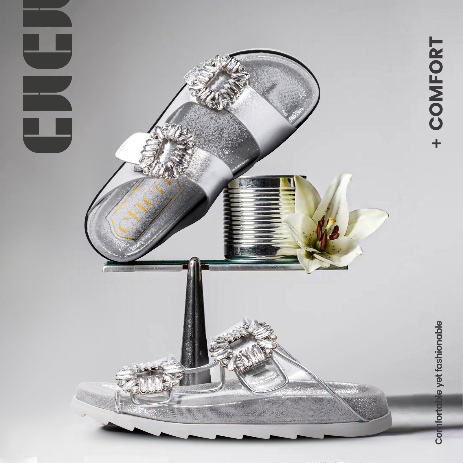 Designer CHCH Square Button Rhinestone Thick Bottom Women On The Beach Double Straps Straight Line, Wearing Slippers For Leisure And Fashion, Paired W