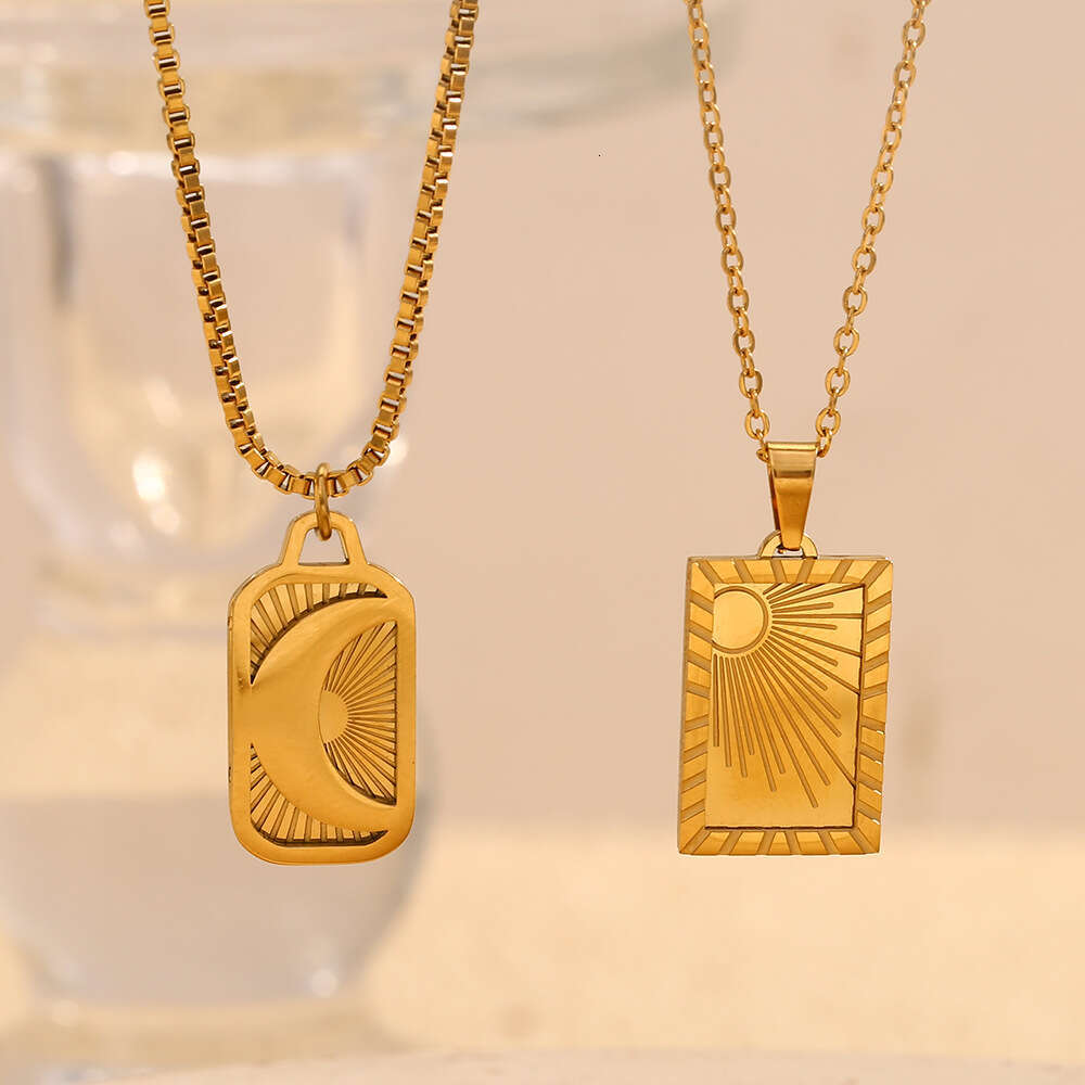 Temperament niche design geometric pendant stainless steel gold-plated carving moon sun brand necklace for women