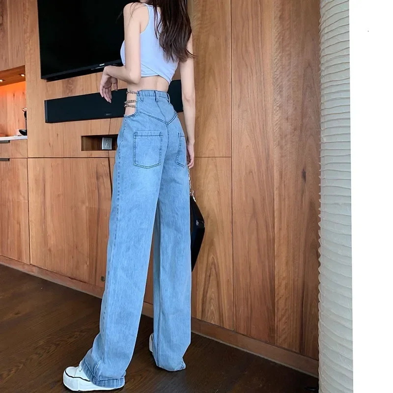Straight jeans womens high waisted metal decorative chain hollow sexy streetwear fully matched Korean Y2K Ulzzang BF 250320