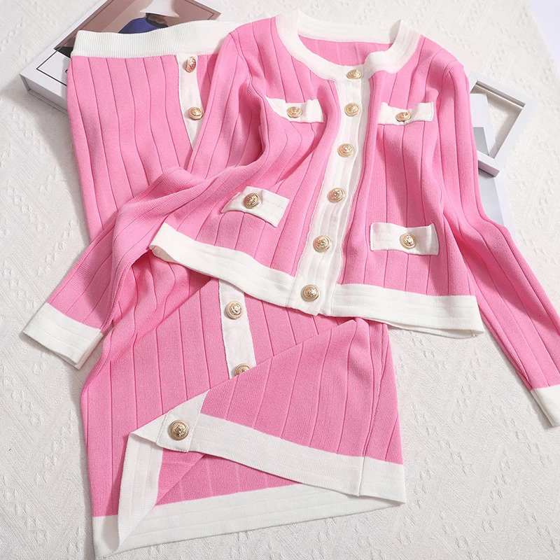 Women O-Neck Single Breasted Knitwear Cardigan Tops and Slim Chic Button High Waist Wrap Hip Skirt Korean Vintage 2-Piece Set 250320